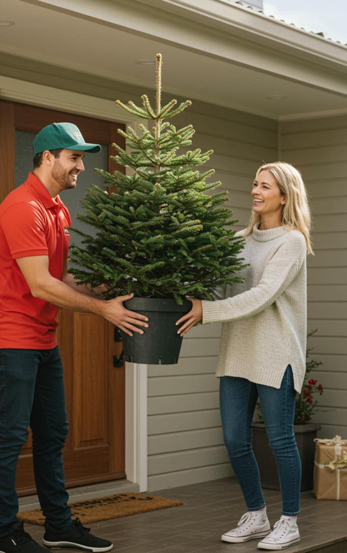A Real Christmas trees Southern Highlands A happy couple receiving their Christmas tree delivery from Sequoia Valley Farms.