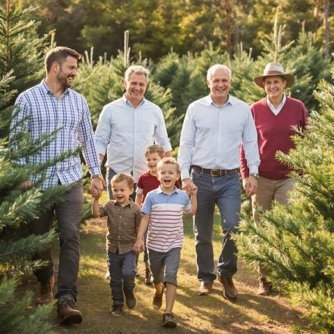Christmas tree booking guide 2025 Family walking through Christmas tree farm.